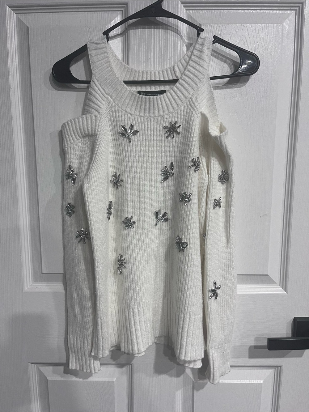 INC International Concepts XS Ivory Jeweled Cold Shoulder Sweater